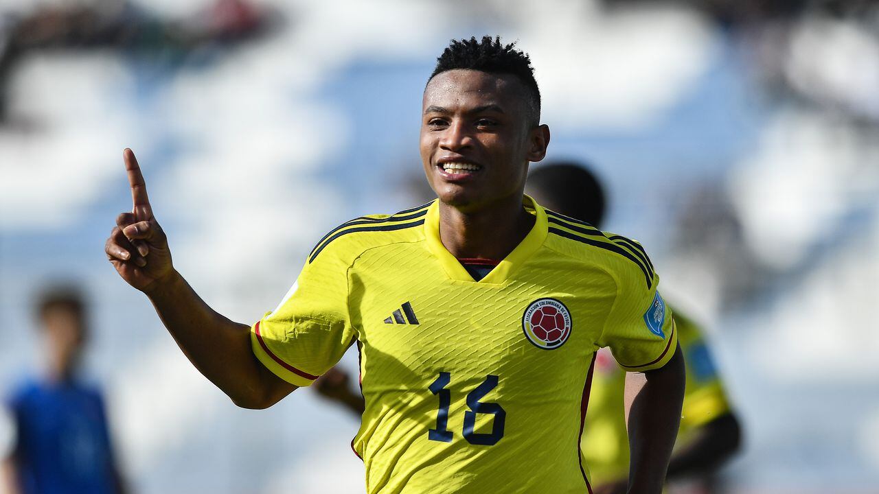 SAN JUAN, ARGENTINA - MAY 31: Oscar Cortes of Colombia celebrates after scoring the team's fifth goal during a FIFA U-20 World Cup Argentina 2023  Round of 16 match between Colombia and Slovakia at Estadio San Juan on May 31, 2023 in San Juan, Argentina. (Photo by Marcelo Endelli - FIFA/FIFA via Getty Images)