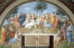 Fresco de ‘El Parnaso’ de Rafael en la Estancia del Sello, en los Museos Vaticanos de Roma, en donde están representados nueve poetas de la Antigüedad y nueve contemporáneos a Rafael.