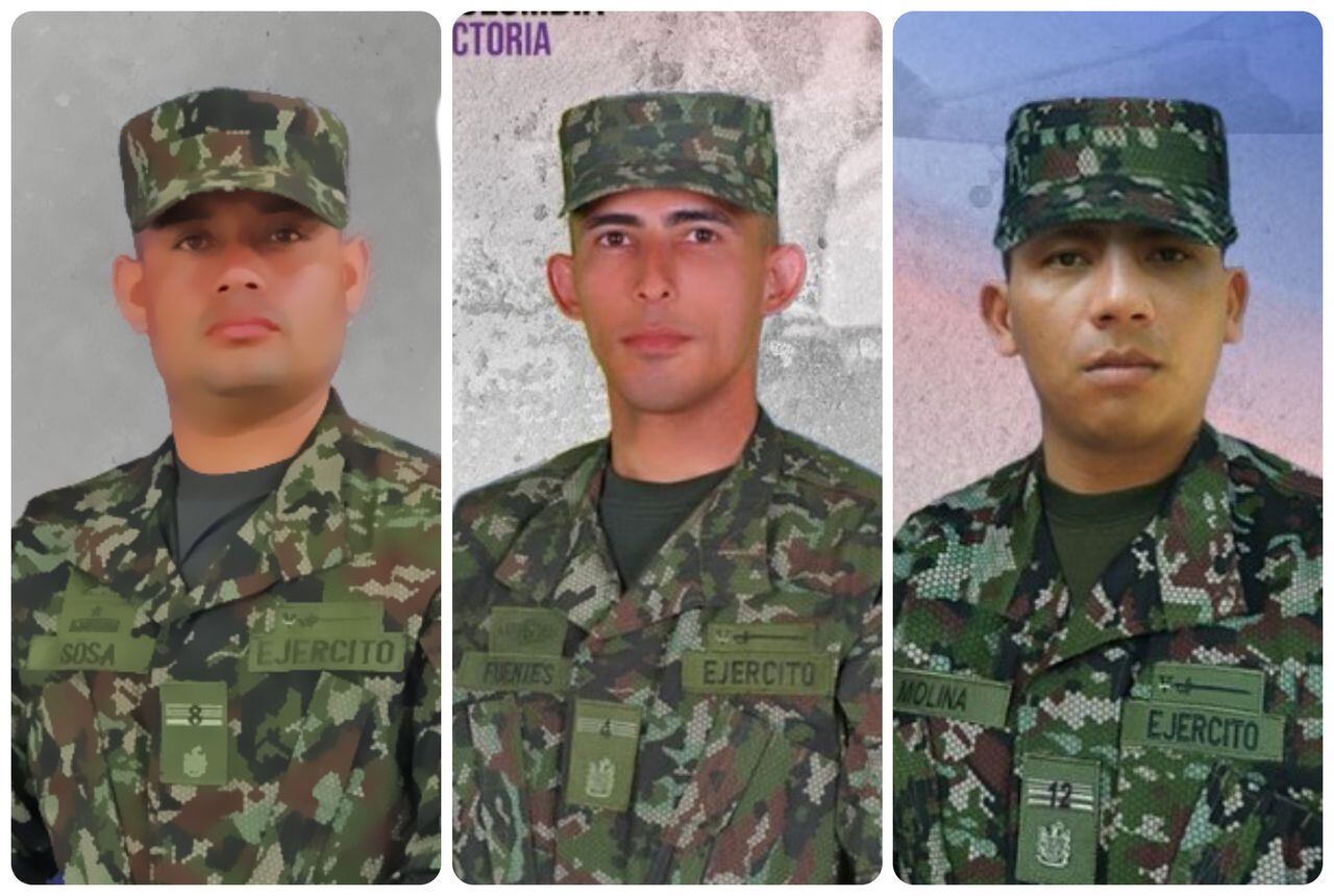Los soldados Javier Sosa Ballesteros, Jorge David Fuentes y Camilo Andrés Molina fueron asesinados en combates con disidencias de las Farc en Argelia, Cauca.