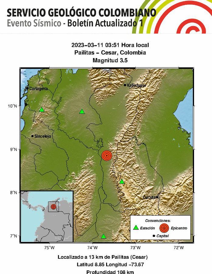 Sismo reportado por el Servicio Geológico Colombiano.