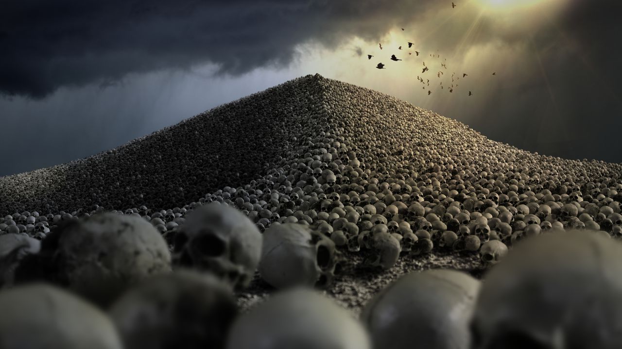Ilustración que hace referencia al fin de la humanidad, al mostrar una montaña de cráneos.