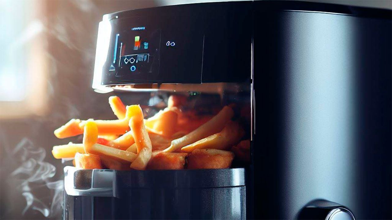 Una moderna freidora eléctrica con patatas fritas y zumo de naranja natural  en la cocina ai generative