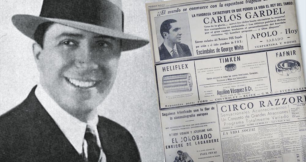  Carlos Gardel, ídolo de la canción popular, se encontró con la muerte a los 45 años de edad, a bordo de un pequeño aeroplano en el aeropuerto Olaya Herrera de Medellín. 
