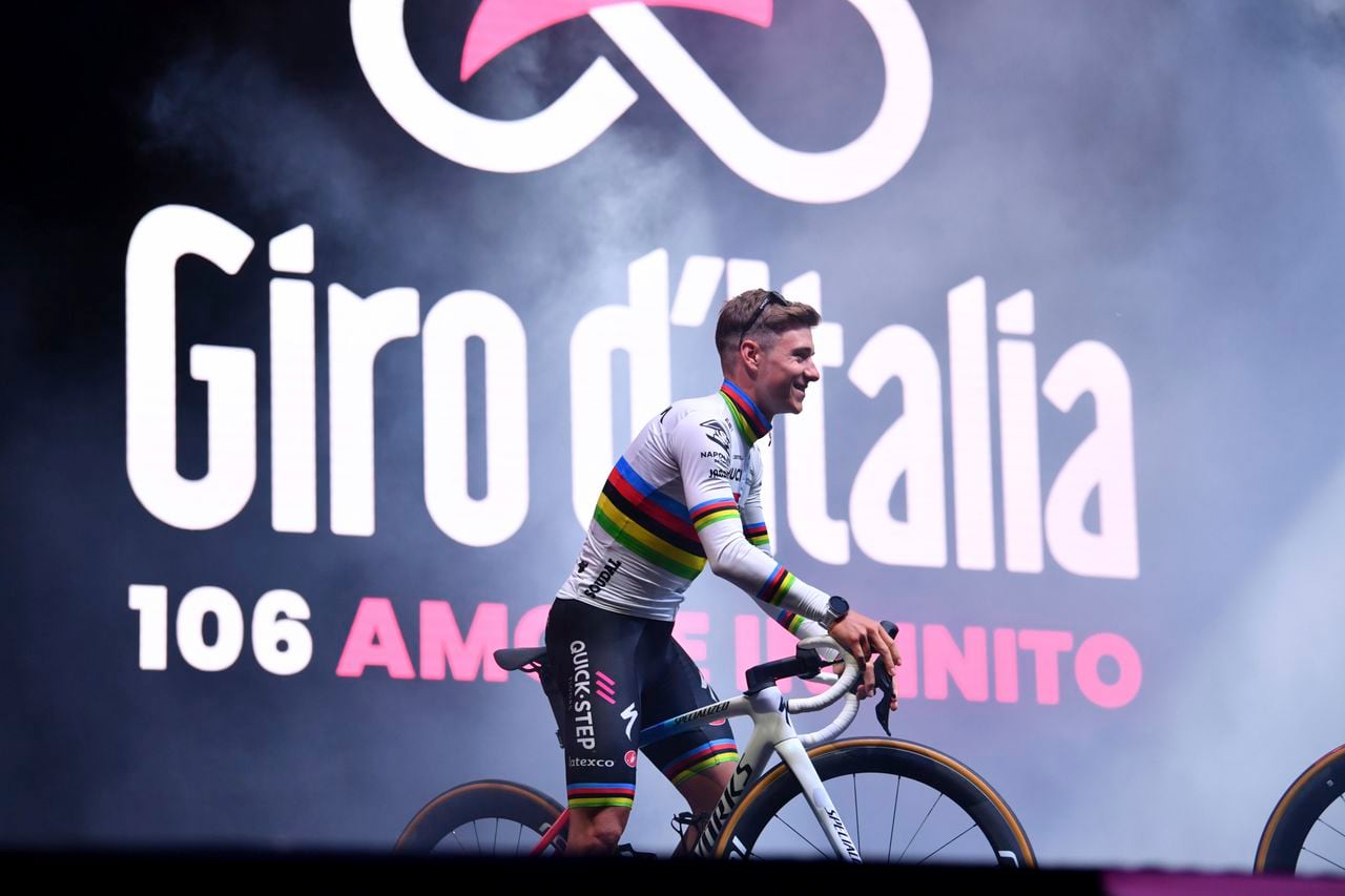 Remco Evenepoel of Belgium cycles during the team presentation of Giro d'Italia 2023 at Piazza Salotto, in Pescara, Italy, Thursday, May 4, 2023. (Massimo Paolone/LaPresse via AP)