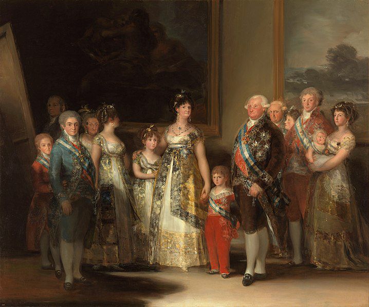 La familia de Carlos IV (Francisco de Goya, ca. 1800). A la derecha, la infanta doña María Luisa, con su hijo Carlos Luis en brazos, y su esposo, el príncipe Luis de Parma. Wikimedia Commons / Museo del Prado