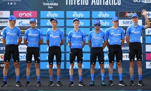 LIDO-DI-CAMAIORE, ITALY - SEPTEMBER 07: Start / Igor Boev of Russia and Team Gazprom-Rusvelo / Marco Canola of Italy and Team Gazprom-Rusvelo / Imerio Cima of Italy and Team Gazprom-Rusvelo / Denis Nekrasov of Russia and Team Gazprom-Rusvelo / Ivan Rovny of Russia and Team Gazprom-Rusvelo / Aleksei Rybalkin of Russia and Team Gazprom-Rusvelo / Simone Velasco of Italy and Team Gazprom-Rusvelo / Team Presentation / during the 55th Tirreno-Adriatico 2020, Stage 1 a 133km stage from Lido di Camaiore to Lido di Camaiore / @TirrenAdriatico / on September 07, 2020 in Lido di Camaiore, Italy. (Photo by Justin Setterfield/Getty Images)