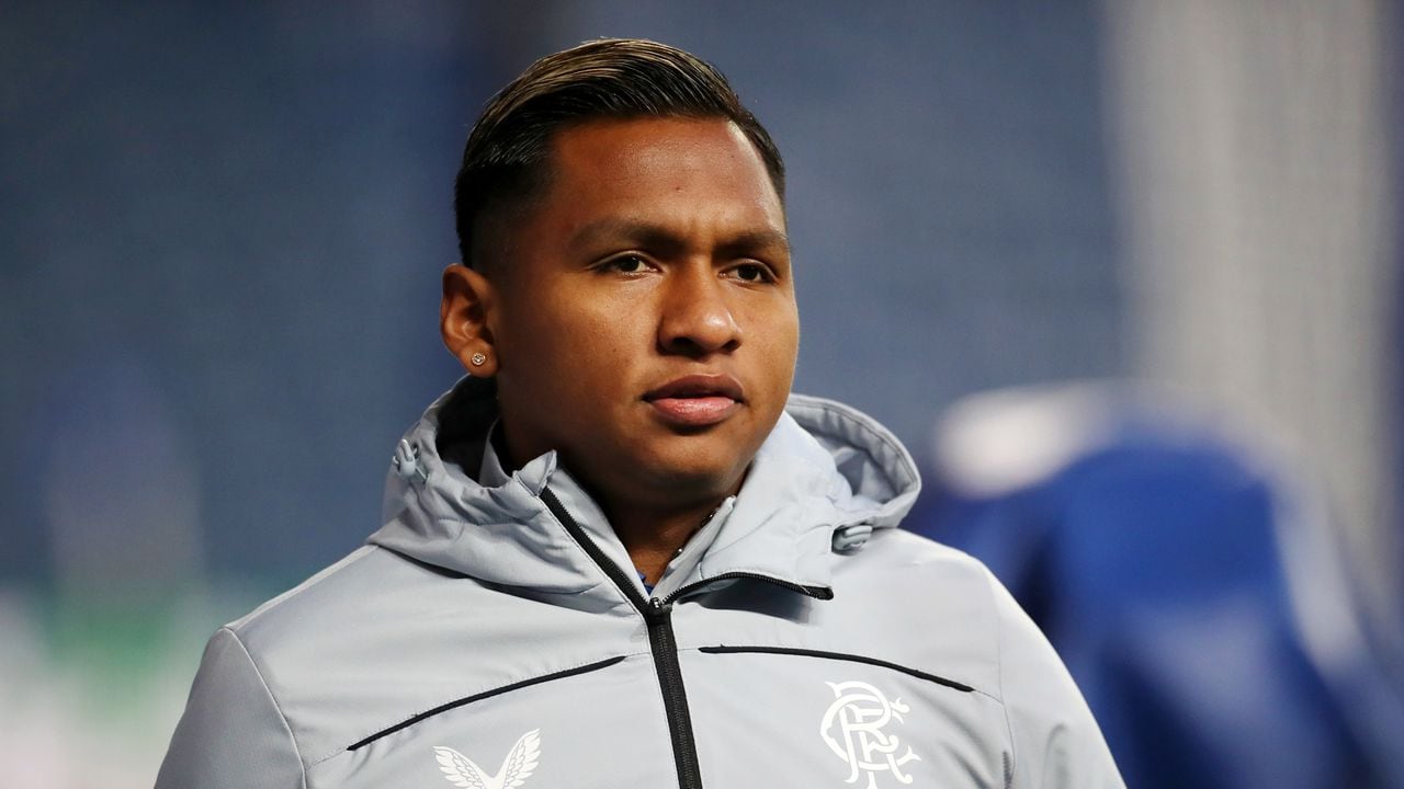 GLASGOW, SCOTLAND - MARCH 10: Alfredo Morelos of Rangers looks on during his pitch inspection prior to the UEFA Europa League Round of 16 Leg One match between Rangers FC and Crvena Zvezda at Ibrox Stadium on March 10, 2022 in Glasgow, Scotland. (Photo by Ian MacNicol/Getty Images)