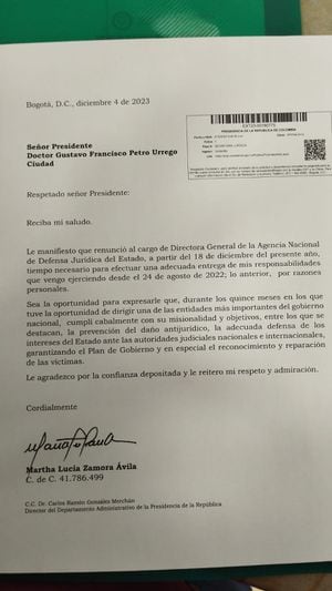 Esta es la carta de renuncia de Martha Lucía Zamora, luego que el presidente Petro confirmara su salida de la Agencia Jurídica del Estado