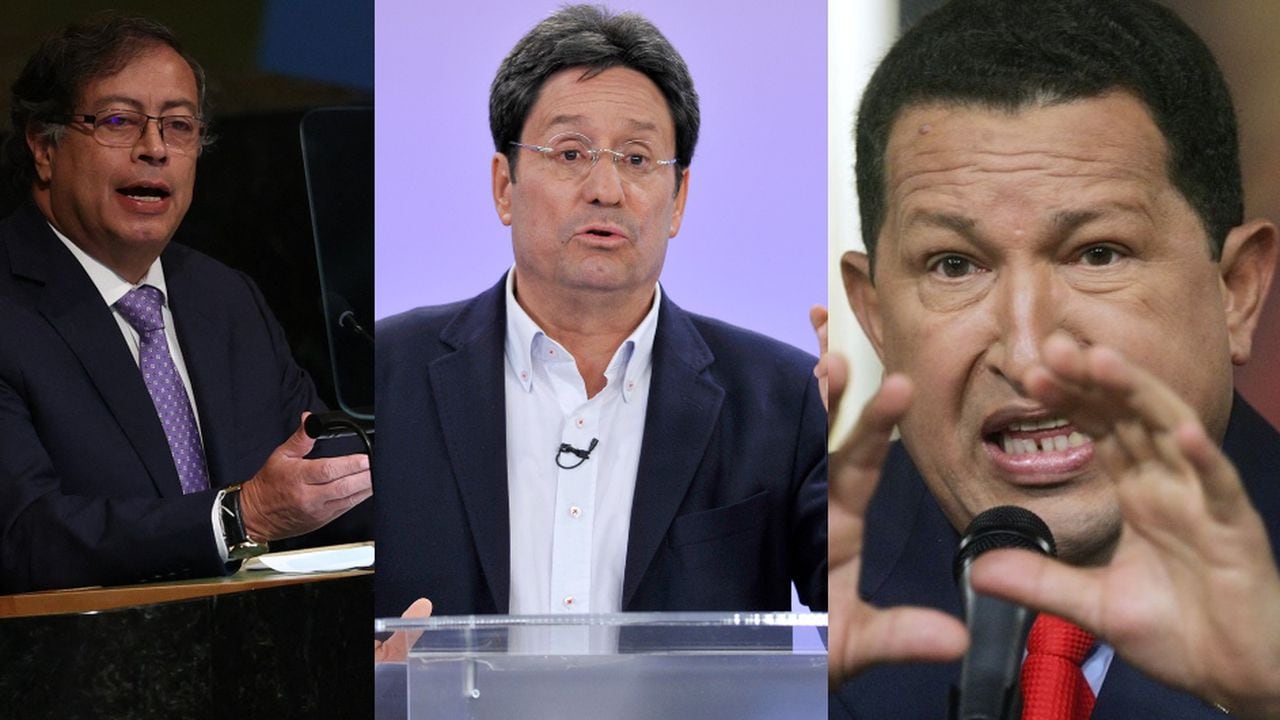 De izquierda a derecha: Gustavo Petro, Francisco Santos y Hugo Chávez.