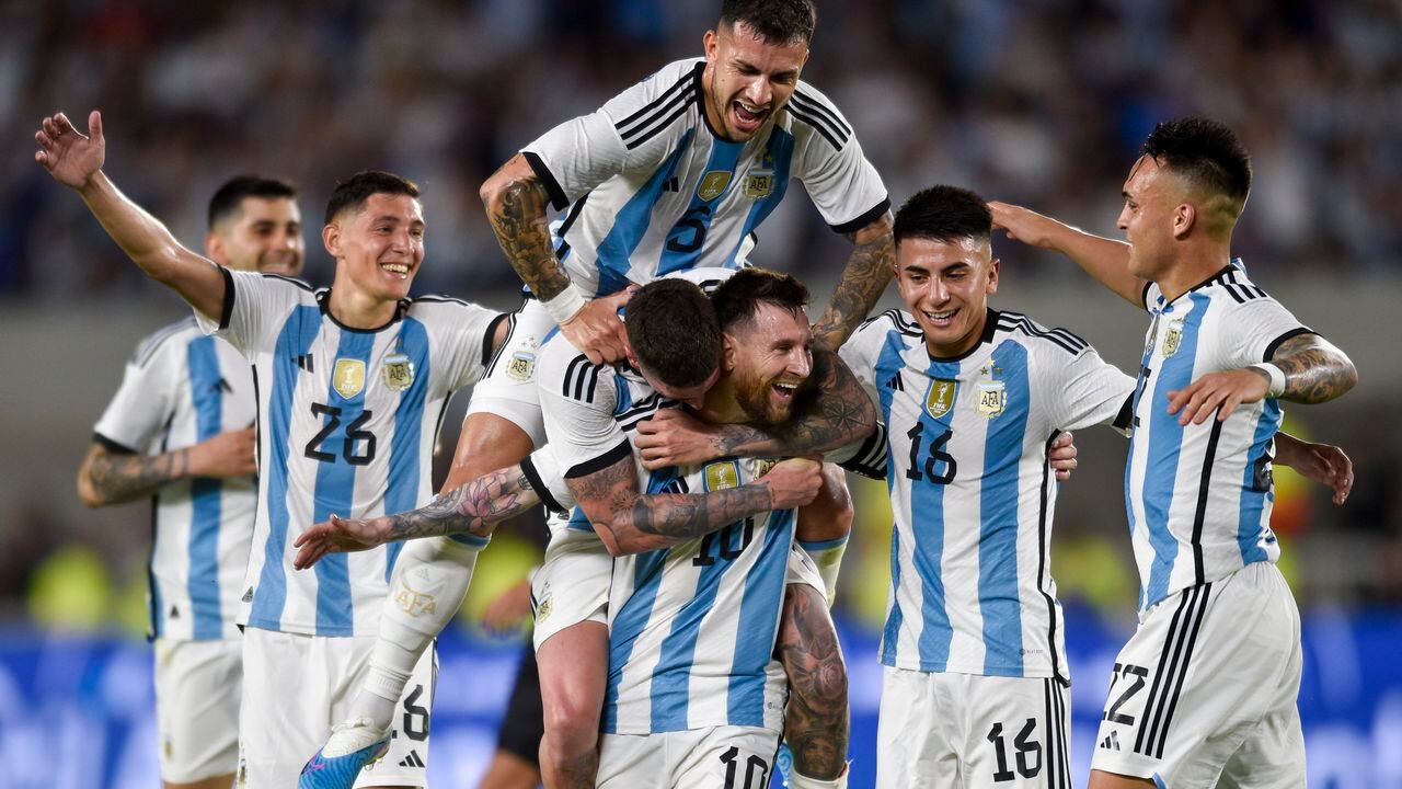 Argentina's Lionel Messi (10) celebrates with teammates after scoring his side's second goal against Panama during an international friendly soccer match in Buenos Aires, Argentina, Thursday, March 23, 2023. (AP Photo/Gustavo Garello)
