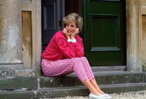 HIGHGROVE, UNITED KINGDOM - JULY 18:  Diana, Princess Of Wales, Sitting On The Steps Outside Her Country Home, Highgrove.  The Princess Is Casually Dressed In Pink Gingham Trousers With A Matching Pink Jumper.  (Photo by Tim Graham Photo Library via Getty Images)