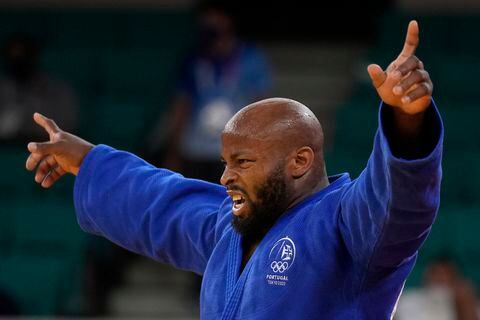 Jorge Fonseca of Portugal reacts after defeating Shady Elnahas of Canada, unseen, in one of the men's -100kg bronze medal Judo match of the 2020 Summer Olympics in Tokyo, Japan, Thursday, July 29, 2021. (AP Photo/Vincent Thian)