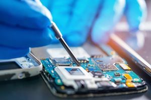 Técnico asiático que repara la placa principal del microcircuito de la tecnología electrónica del teléfono inteligente: computadora, hardware, teléfono móvil, actualización, concepto de limpieza.