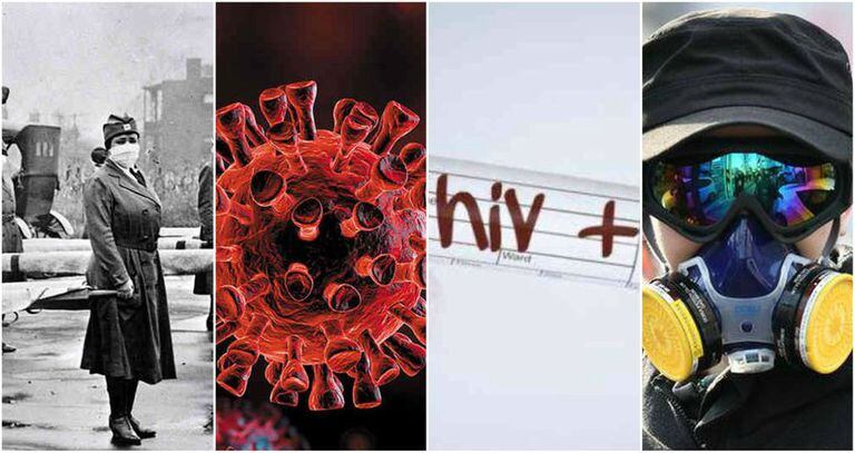 Imágenes representativas de la gripe española, coronavirus, VIH y peste negra, respectivamente