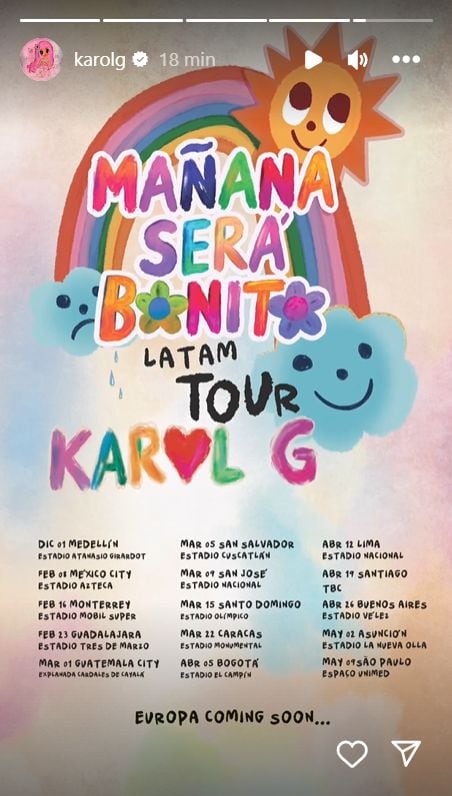 Karol G anunció las fechas y los países que visitará en su gira por Latinoamérica.