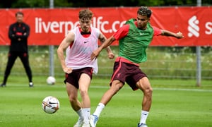 UNSPECIFIED, AUSTRIA - JULY 26: (THE SUN OUT, THE SUN ON SUNDAY OUT) Harvey Elliott and Luis Diaz of Liverpool during the Liverpool pre-season training camp on July 26, 2022 in UNSPECIFIED, Austria. (Photo by Andrew Powell/Liverpool FC via Getty Images)