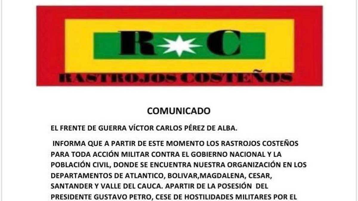 Imagen del panfleto emitido presuntamente por Los Rastrojos Costeños.