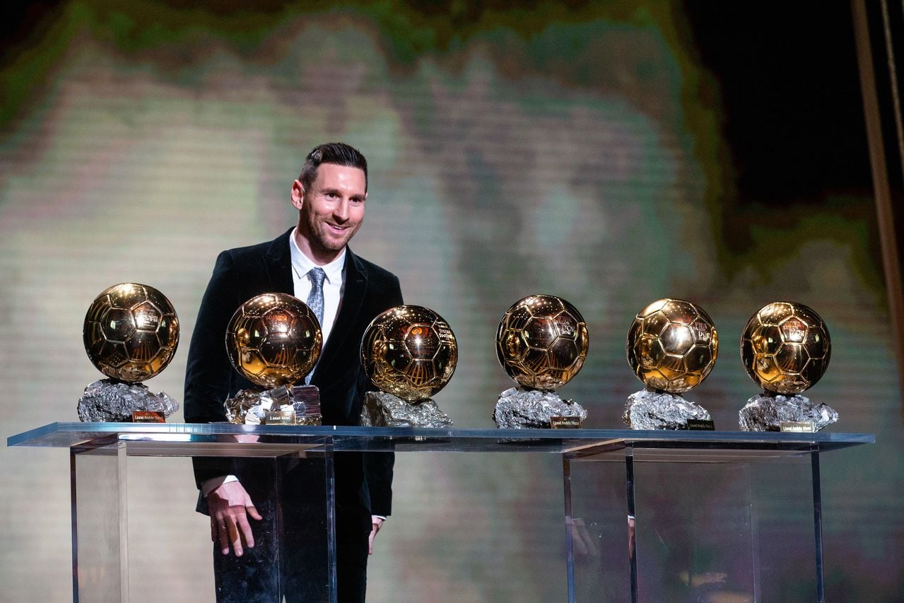 PARIS, Dec. 3, 2019 -- Barcelona's Argentinian forward Lionel Messi poses with the trophies during the Ballon d'Or 2019 awards ceremony at the Theatre du Chatelet in Paris, France, Dec. 2, 2019. (Photo by Aurelien Morissard/Xinhua via Getty) (Xinhua/ via Getty Images)