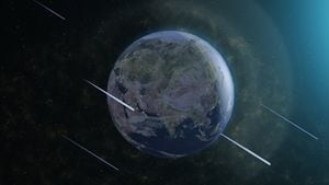 La escena de la lluvia de meteoritos de la Tierra en 3D creada y modelada en Adobe After Effects y las texturas de los planetas se tomaron del sitio web oficial de Solar System Scope (https://www.solarsystemscope.com/textures/)