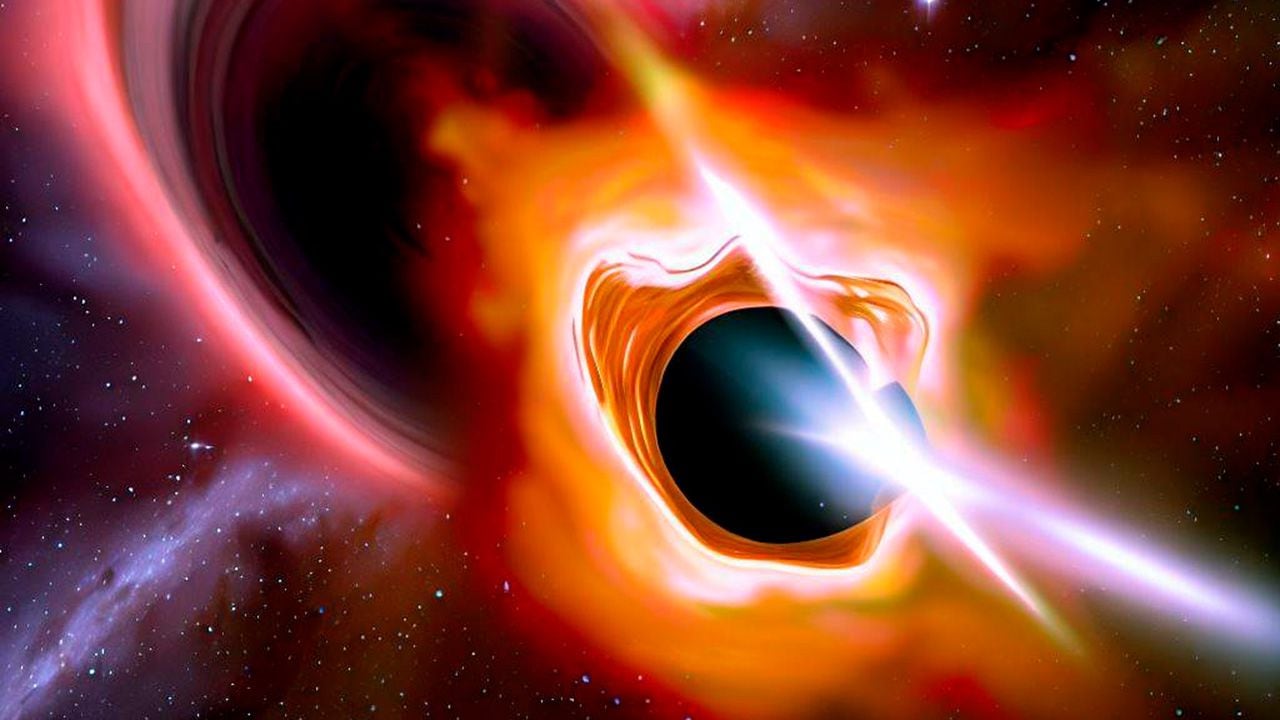 Ilustración de un agujero negro devorando otras estrellas.