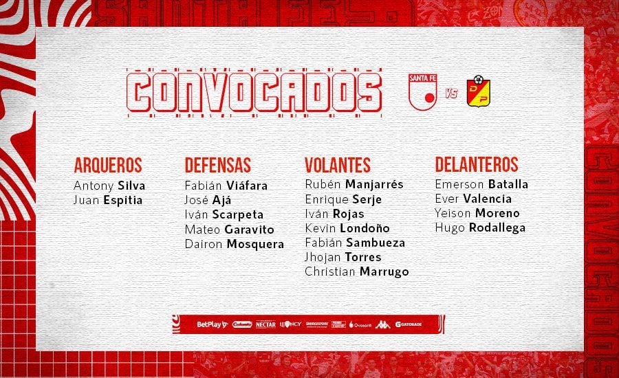 Independiente Santa Fe y sus convocados para el duelo con Pereira.