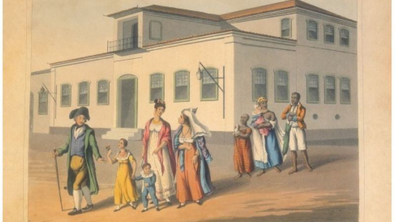 Una pintura de acuarela que muestra la jerarquía racial de la sociedad brasileña del siglo XIX.