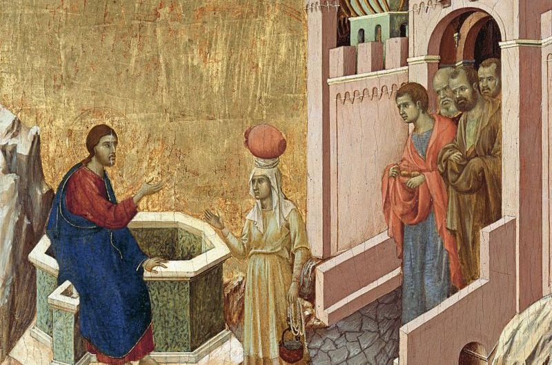El símbolo del pozo es habitual, como en la obra "Cristo y la Samaritana", de Duccio di Buoninsegna (1310-1311)