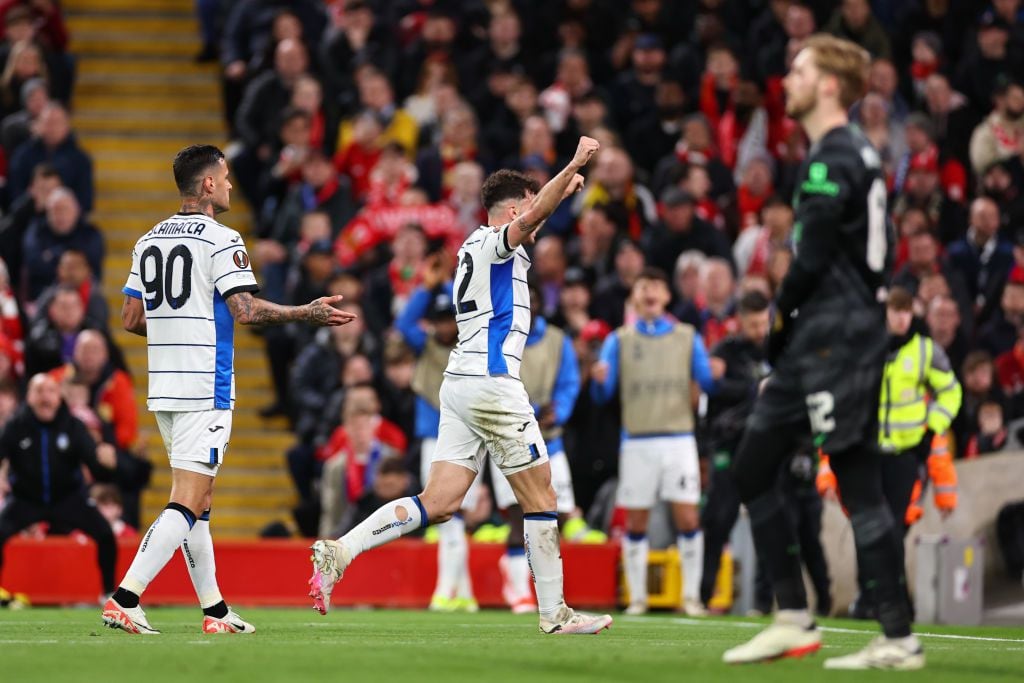 LIVERPOOL, ENGLAND - APRIL 11: Gianluca Scamacca of Atalanta celebrates after scoring a goal to make it 0-2 during the UEFA Europa League 2023/24 Quarter-Final first leg match between Liverpool FC and Atalanta at Anfield on April 11, 2024 in Liverpool, England.(Photo by Robbie Jay Barratt - AMA/Getty Images)