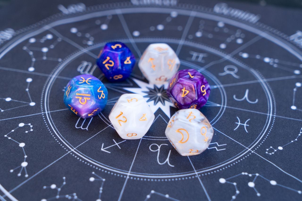 Horoscope zodiac circle with divination dice. Fortune telling and astrology predictions concept, magic rituals and exoteric experience