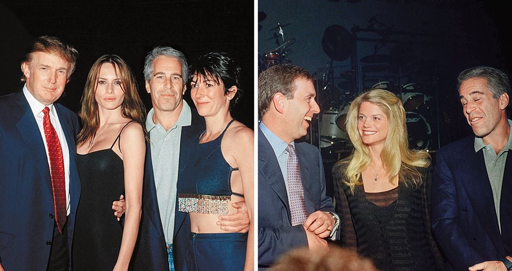    El criminal, con Donald Trump, Melania Trump y Ghislaine Maxwell, su amante y madame, en el resort Mar-a-Lago, en 2000. Arriba, en la misma fiesta con el príncipe Andrés y la política Gwendolyn Beck. 