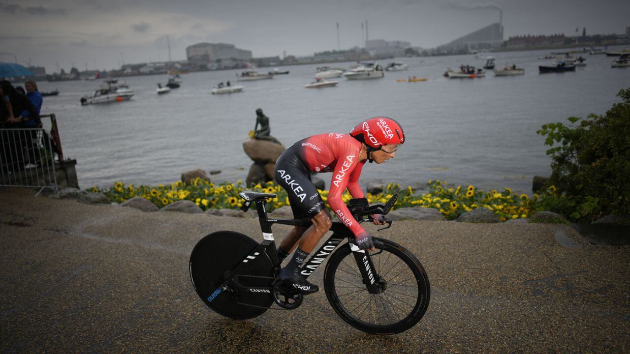 Colombia's Nairo Quintana passes the Little Mermaid statue by Edvard Eriksen during the first stage of the Tour de France cycling race, an individual time trial over 13.2 kilometers (8.2 miles) with start and finish in Copenhagen, Denmark, Friday, July 1, 2022. (AP Photo/Daniel Cole)