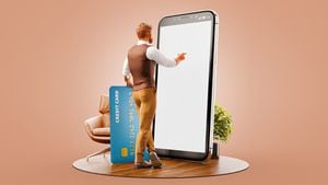 Ilustración 3d inusual de un joven con tarjeta de crédito parado en un gran smartphone en la oficina y usando una aplicación de teléfono inteligente para comprar un pago. Concepto de pago en línea.
