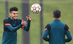 Liverpool's Colombian midfielder Luis Diaz attends Liverpool's training session at their training ground, in Liverpool, north west England, on May 2, 2022, on the eve of their UEFA Champions League semi-final second leg football match against Villareal.
AFP/Lindsey Parnaby
