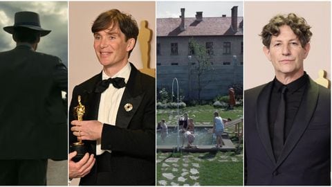 De izquierda a derecha: 
Una escena de ‘Oppenheimer’
El actor Cillian Murphy con su estatuilla del Premio Óscar 2024
El escenario de 'Zona de Interés', en Auschwitz (Polonia)
Jonathan Glazer, el director británico de la película ‘Zona de interés’, con su estatuilla del Premio Óscar 2024