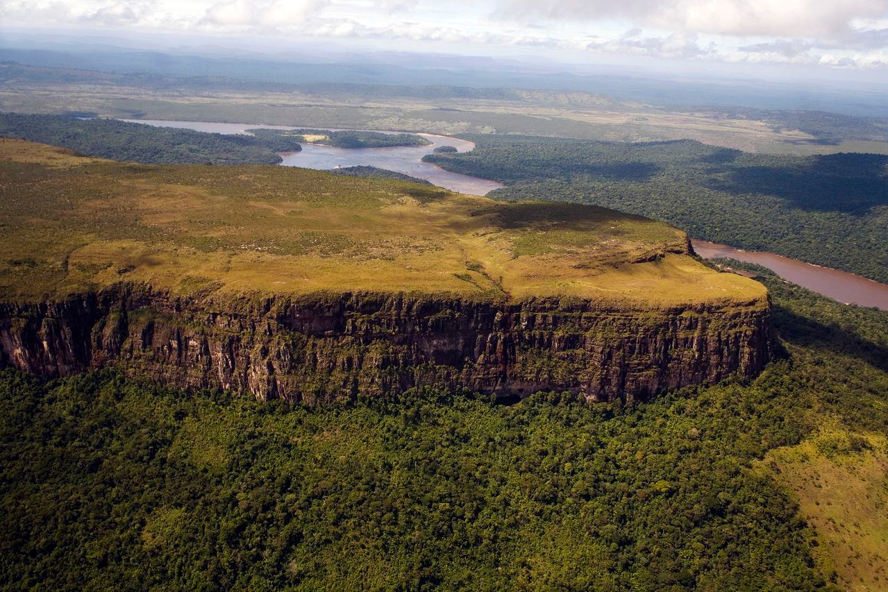 Venezuela, Bolivar State, Canaima National Park, Tepui mountain surrounded by a forest and a river shoot from above (Photo by: Eye Ubiquitous/Universal Images Group via Getty Images)