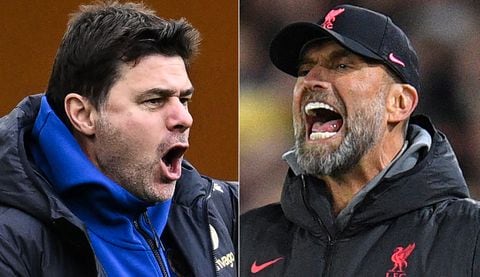(COMBO) combination of file pictures created in London on February 23, 2024, shows Chelsea's Argentinian head coach Mauricio Pochettino (L) reacting during the English Premier League football match between Wolverhampton Wanderers and Chelsea at the Molineux stadium in Wolverhampton, central England on December 24, 2023 and Liverpool's German manager Jurgen Klopp (R) gesturing on the touchline during the English Premier League football match between Leeds United and Liverpool at Elland Road in Leeds, northern England on April 17, 2023. As Pochettino and Klopp lead their teams out on Sunday, the teams are playing their second League Cup Final in three years, the 2022 final being won by Liverpool on penalties. (Photo by Paul ELLIS and Oli SCARFF / AFP) / RESTRICTED TO EDITORIAL USE. No use with unauthorized audio, video, data, fixture lists, club/league logos or 'live' services. Online in-match use limited to 120 images. An additional 40 images may be used in extra time. No video emulation. Social media in-match use limited to 120 images. An additional 40 images may be used in extra time. No use in betting publications, games or single club/league/player publications. /