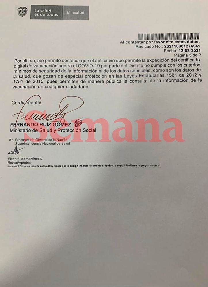 Exclusivo: la carta con que el Gobierno dice que Alcaldía no tiene competencia para expedir certificados digitales de vacunación