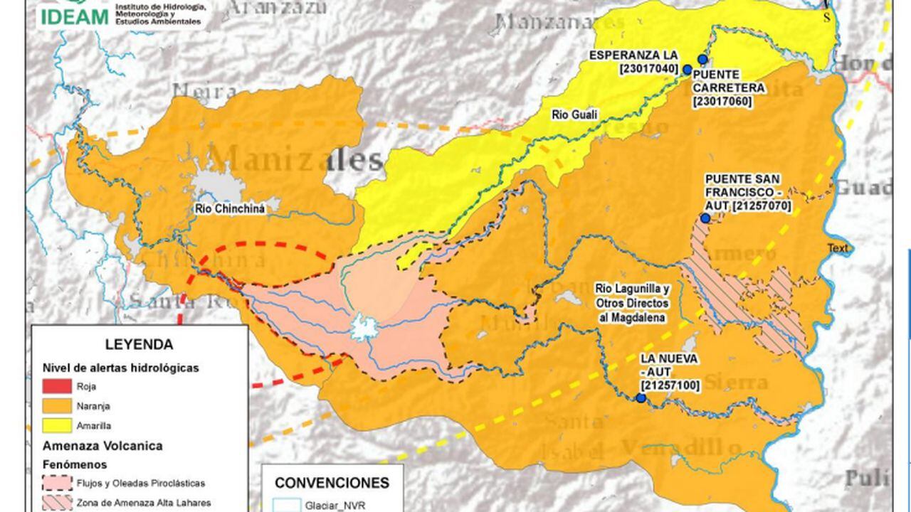 En la zona de amenaza por lahares se tiene alerta naranja en la cuenca del río Lagunilla en la zona del Alto Magdalena