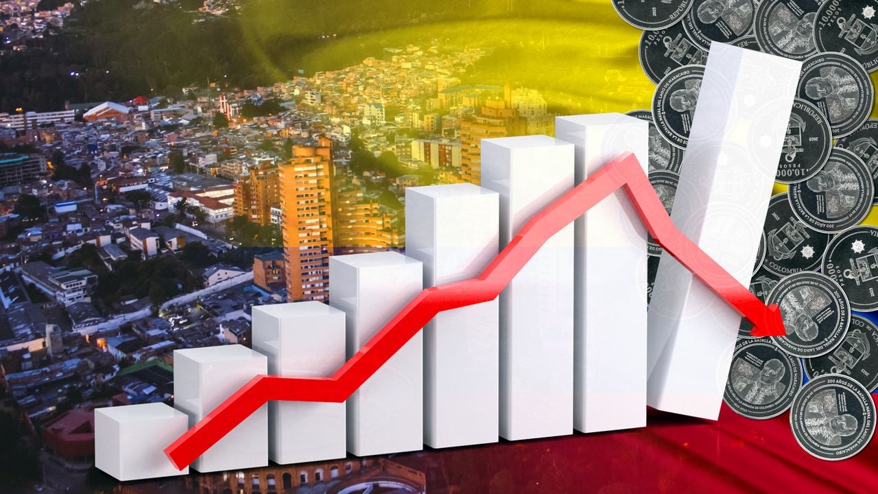 Economy chart: down arrow, Colombian flag, new 10,000 pesos coins and Bogota city