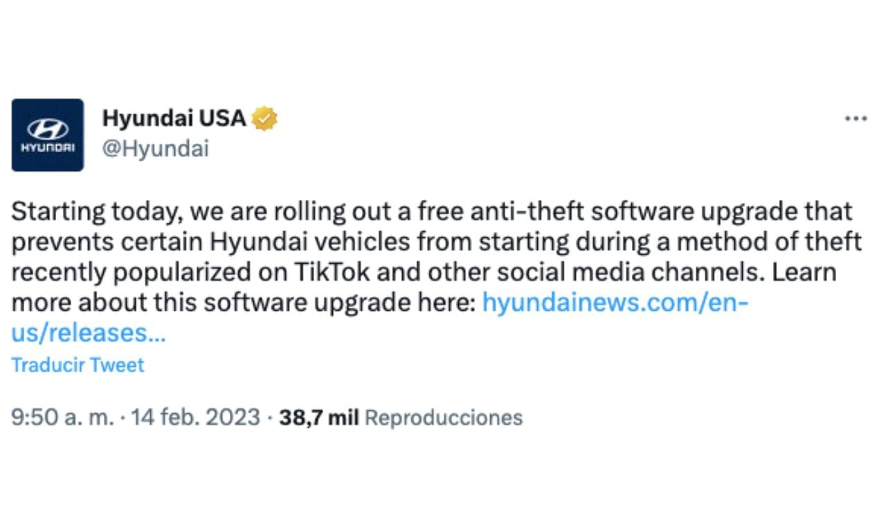 Hyundai comunicó tanto por redes sociales como con documento oficial que actualizará los 4 millones de vehículos que podrían ser robados por la técnica difundida por TikTok