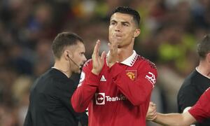 Manchester United's Cristiano Ronaldo applauds at the end of the English Premier League soccer match between Manchester United and Liverpool at Old Trafford stadium, in Manchester, England, Monday, Aug 22, 2022. (AP/Dave Thompson)