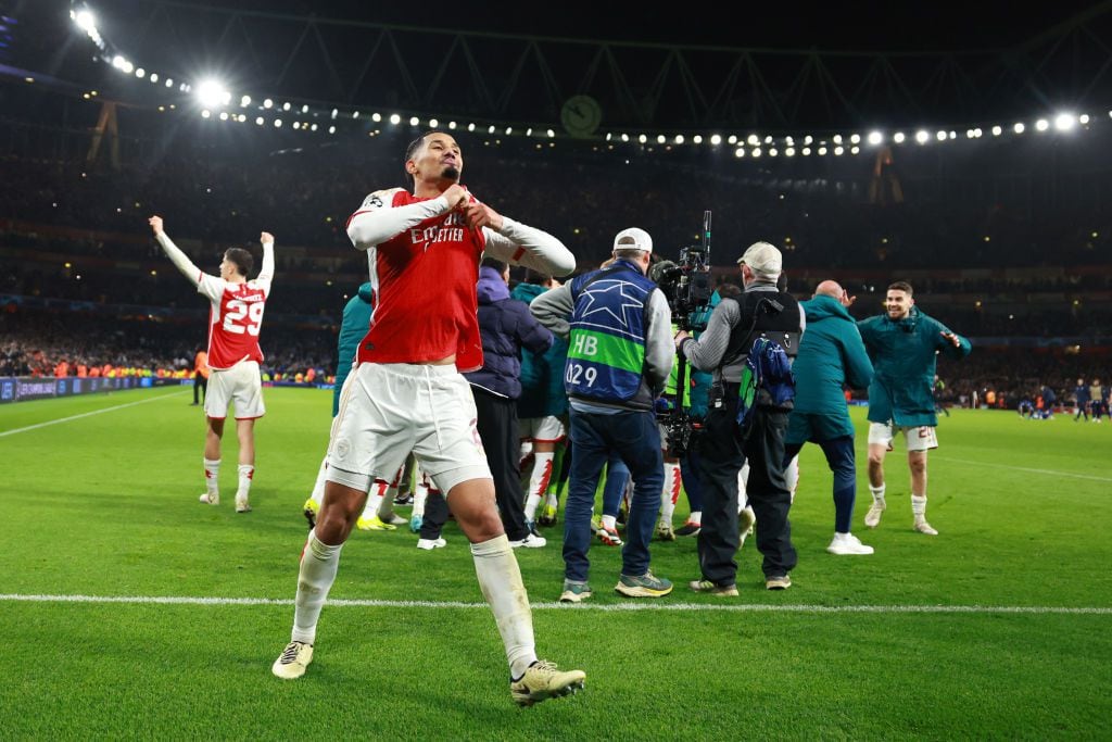 LONDON, ENGLAND - MARCH 12: William Saliba of Arsenal celebrates after the UEFA Champions League 2023/24 round of 16 second leg match between Arsenal FC and FC Porto at Emirates Stadium on March 12, 2024 in London, England.(Photo by Marc Atkins/Getty Images)