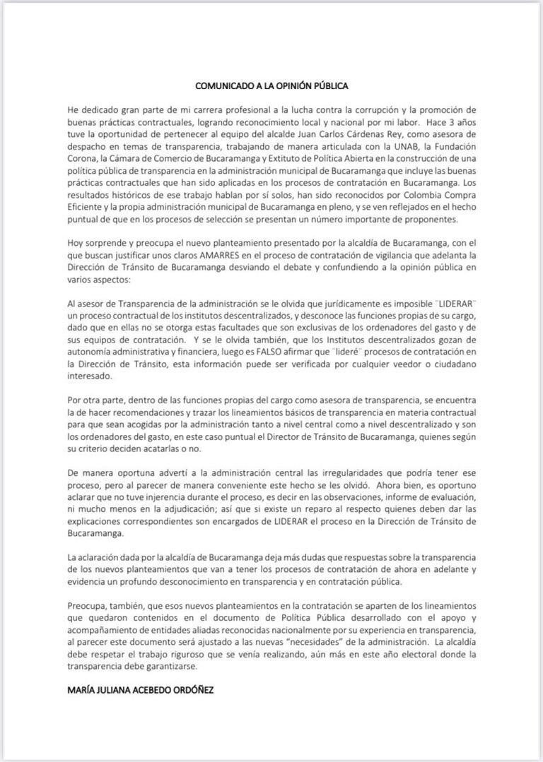 Comunicado de la exdirectora de Transparencia de la Alcaldía de Bucaramanga