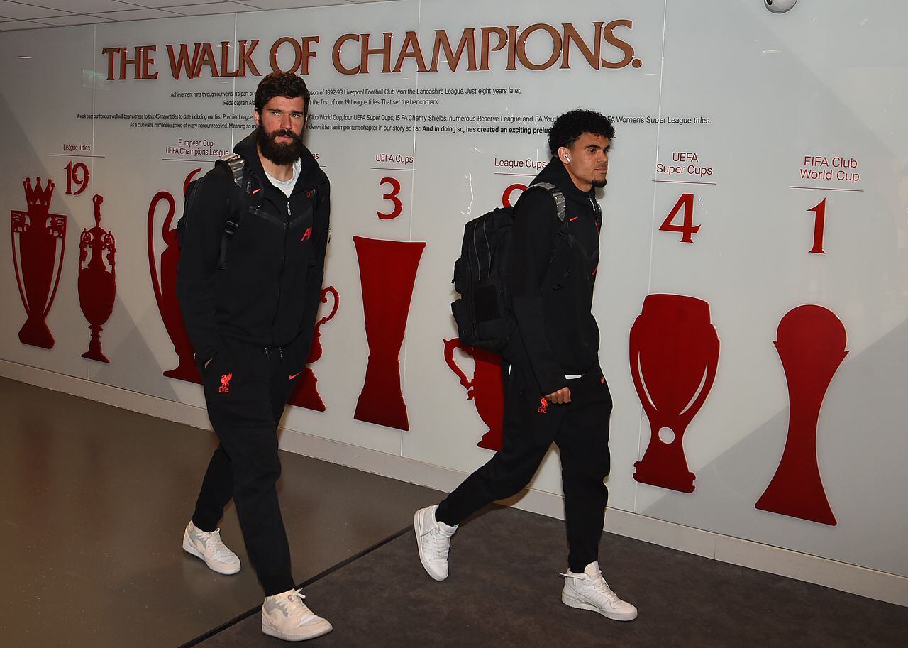 LIVERPOOL, ENGLAND - APRIL 30: (THE SUN OUT. THE SUN ON SUNDAY OUT) Alisson Becker and Luis Diaz of Liverpool arrives for the Premier League match between Liverpool FC and Tottenham Hotspur at Anfield on April 30, 2023 in Liverpool, England. (Photo by John Powell/Liverpool FC via Getty Images)