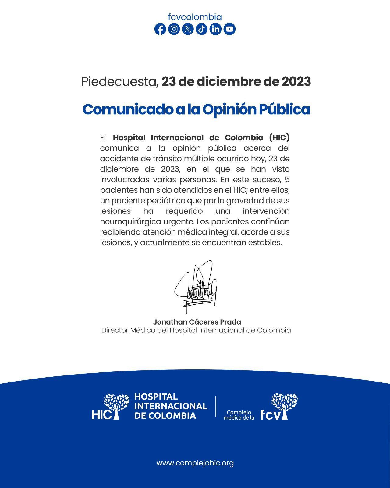Comunicado del Hospital Internacional de Colombia.