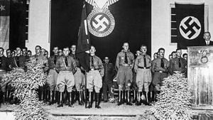 A meeting of the Chilean Nazi party, circa 1940. Present at the meeting are: German industrialist Count Matuschka of the Siemens-Schuckert company, Walter Stanke, Herr von der Werth, and Otto von Zippelius, a former military instructor in Chile. (Photo by FPG/Hulton Archive/Getty Images)