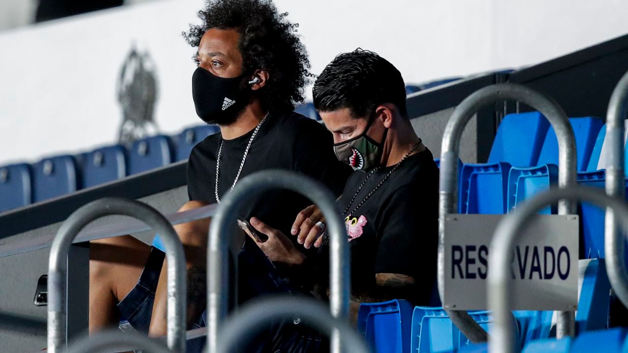 VALDEBEBAS, SPAIN - JULY 10: (L-R) Marcelo of Real Madrid, James Rodriguez of Real Madrid during the La Liga Santander  match between Real Madrid v Deportivo Alaves at the Stadium Ciudad Deportiva Real Madrid on July 10, 2020 in Valdebebas Spain (Photo by David S. Bustamante/Soccrates/Getty Images)