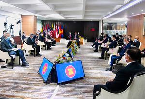 FILE - In this April 24, 2021, file photo released by Indonesian Presidential Palace, Myanmar's Commander-in-Chief Senior General Min Aung Hlaing, bottom right, and ASEAN leaders convene during their meeting at the ASEAN Secretariat in Jakarta, Indonesia. Southeast Asia’s top diplomats will discuss in an emergency meeting Friday, Oct. 15, whether to allow Myanmar's military leader to attend an annual summit after a crisis envoy was barred from meeting ousted leader Aung San Suu Kyi.(Laily Rachev, Indonesian Presidential Palace via AP, File)