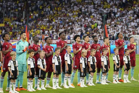 Colombia national team players sing the national anthem ahead of an international friendly soccer match between Germany and Colombia at Veltins-Arena, in Gelsenkirchen, Germany, Tuesday, June 20, 2023. (AP Photo/Martin Meissner)