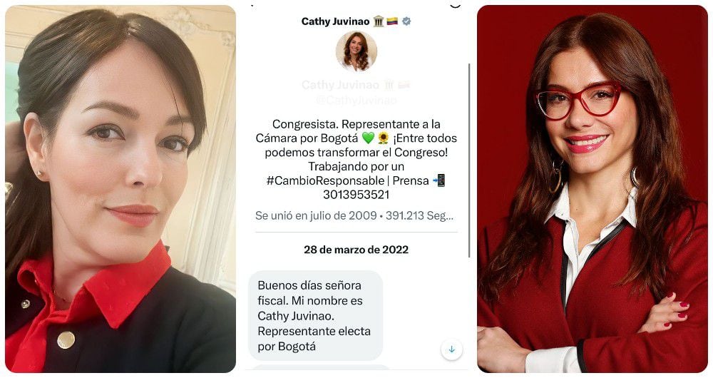 La fiscal Angélica Monsalve, Catherine Juvinao y el chat donde la congresista le escribió por primera vez en Twitter.